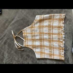 backless yellow and white plaid shirt